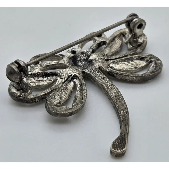 Vintage Dragonfly Brooch Silver Tone Marcasite Style AB Rhinestone Insect Pin - Picture 7 of 9